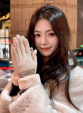 羊毛手套女冬季加绒骑行防寒毛绒