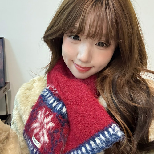 OVANCY韩系氛围感羊毛围巾女冬季圣诞红色复古针织交叉保暖小围脖