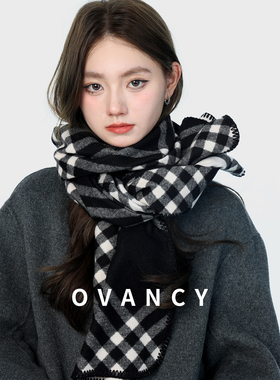 OVANCY高级感围巾女冬季2025新款复古黑白格子披肩外搭保暖围脖潮