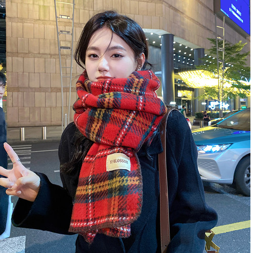 圣诞围巾女冬季红色格子情侣披肩