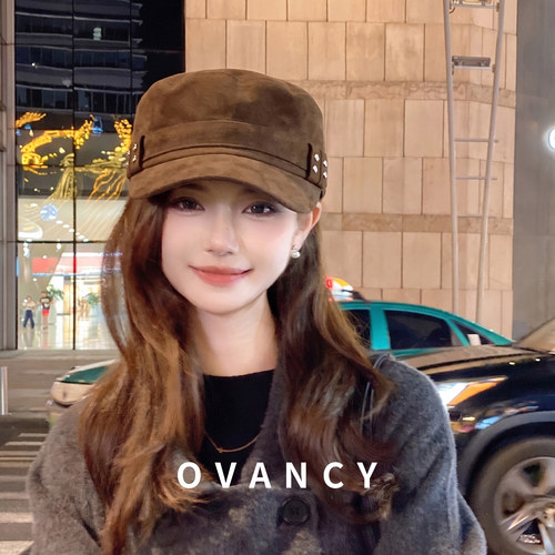 OVANCY显脸小平顶马术帽女2026新款日系复古咖啡色骑士报童鸭舌帽