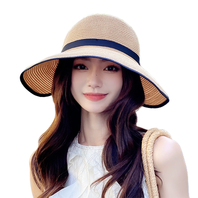 OVANCY高颜值草帽女2024新款海边空顶沙滩帽可折叠夏季遮阳渔夫帽