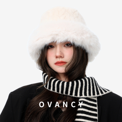 OVANCY显脸小毛绒渔夫帽女冬季仿皮草白色蒙古帽毛茸茸包头雷锋帽