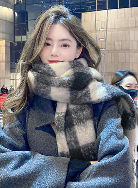 OVANCY高级感围巾女冬季韩国复古格子披肩加厚保暖马海毛外搭围脖