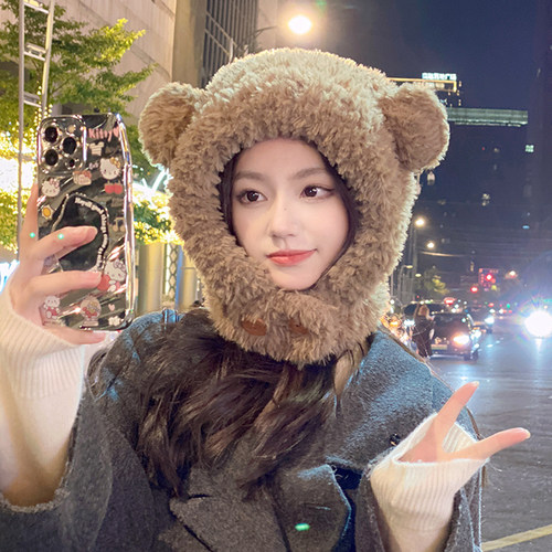 可爱小熊雷锋帽围脖帽子护耳一体