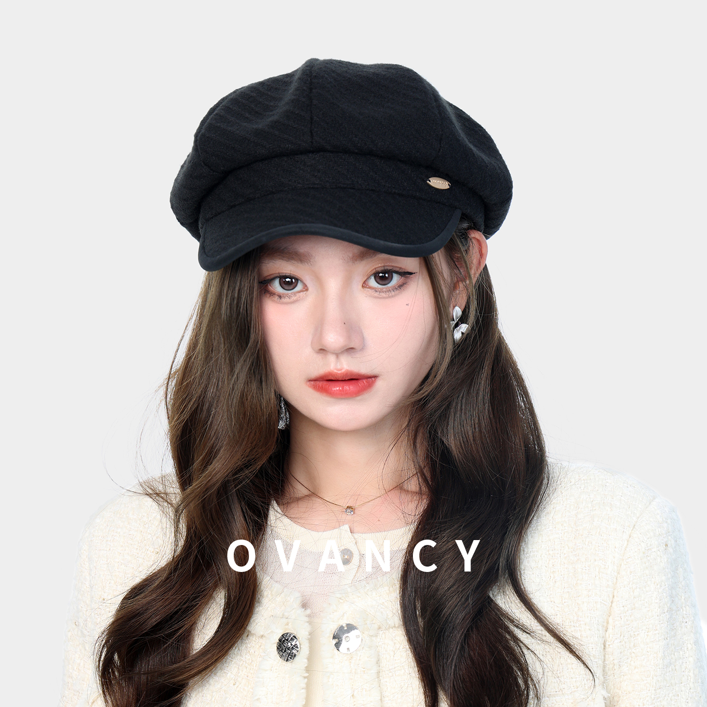 OVANCY显脸小毛呢八角帽女款2025新款英伦复古贝雷帽报童鸭舌帽子