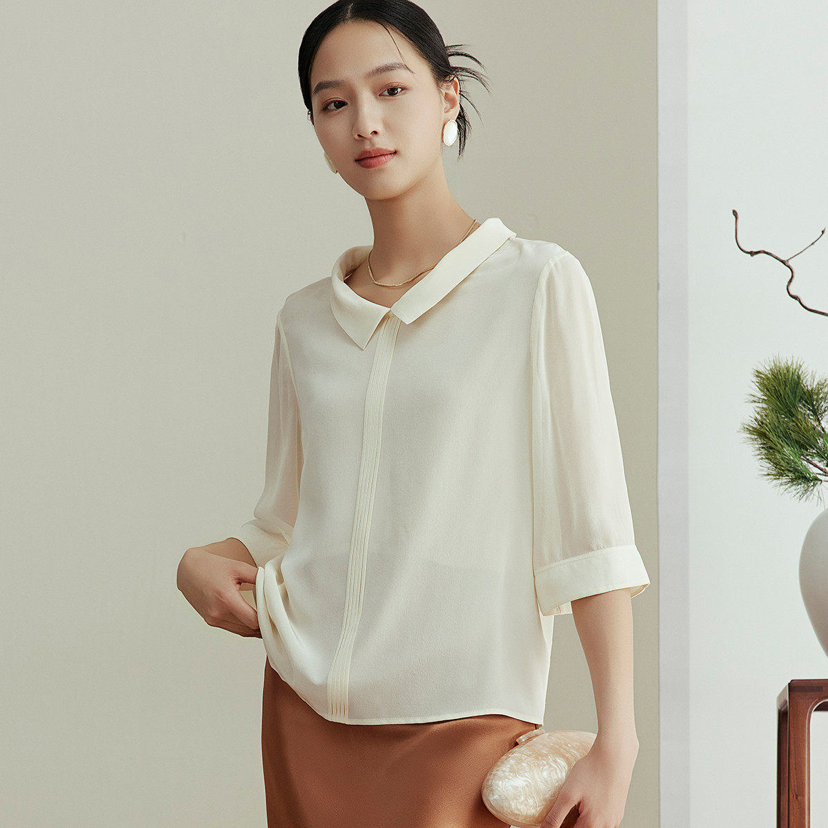 【万兰兰Vanan】[100%桑蚕丝]26夏款翻领五分袖女式休闲真丝上衣
