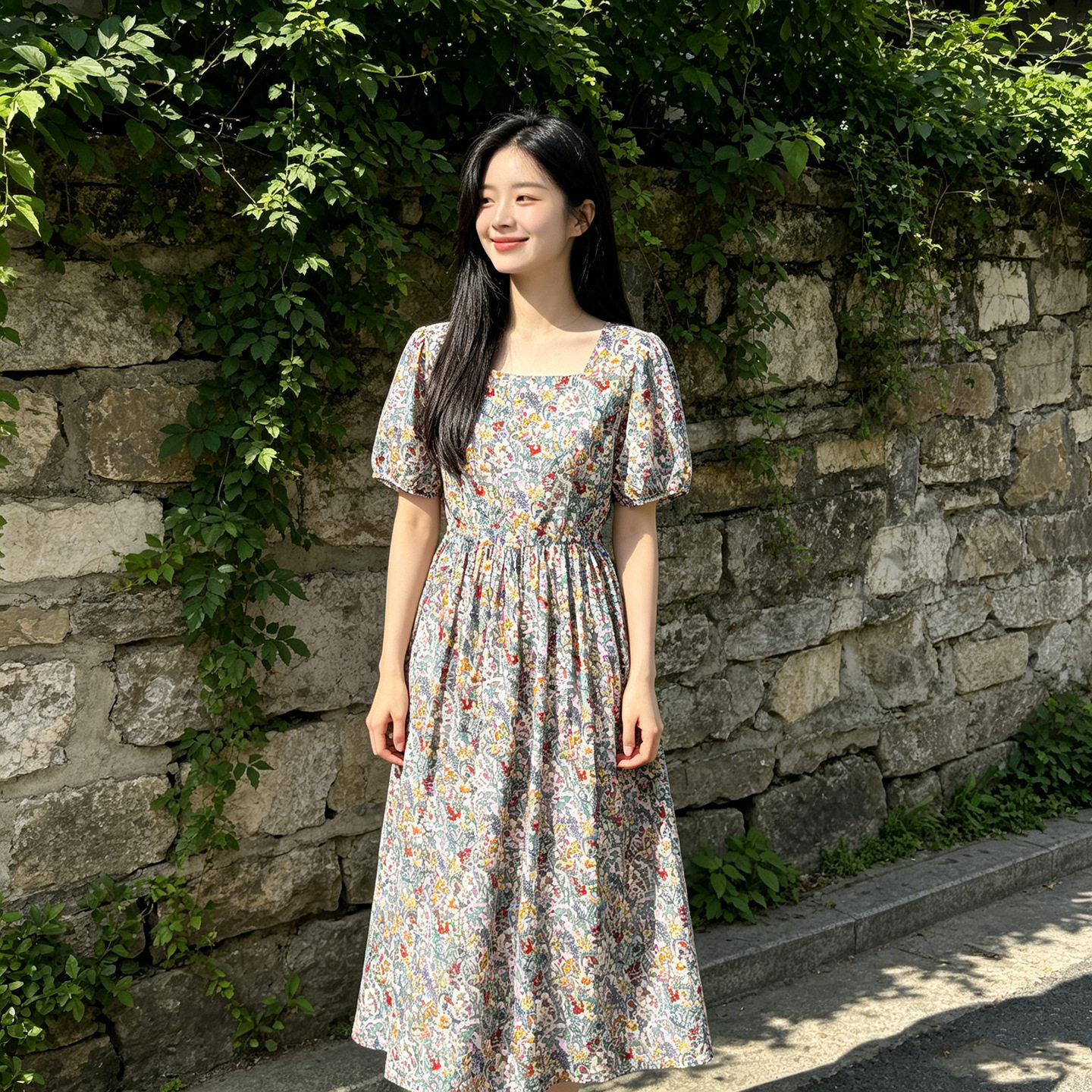 棉绸连衣裙夏季法式温柔风碎花裙女泡泡袖收腰凉感波点年轻人外穿