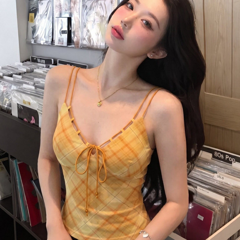 原版做法辣妹派对美式复古橘色格纹V领弹力可调节肩带背心小吊带