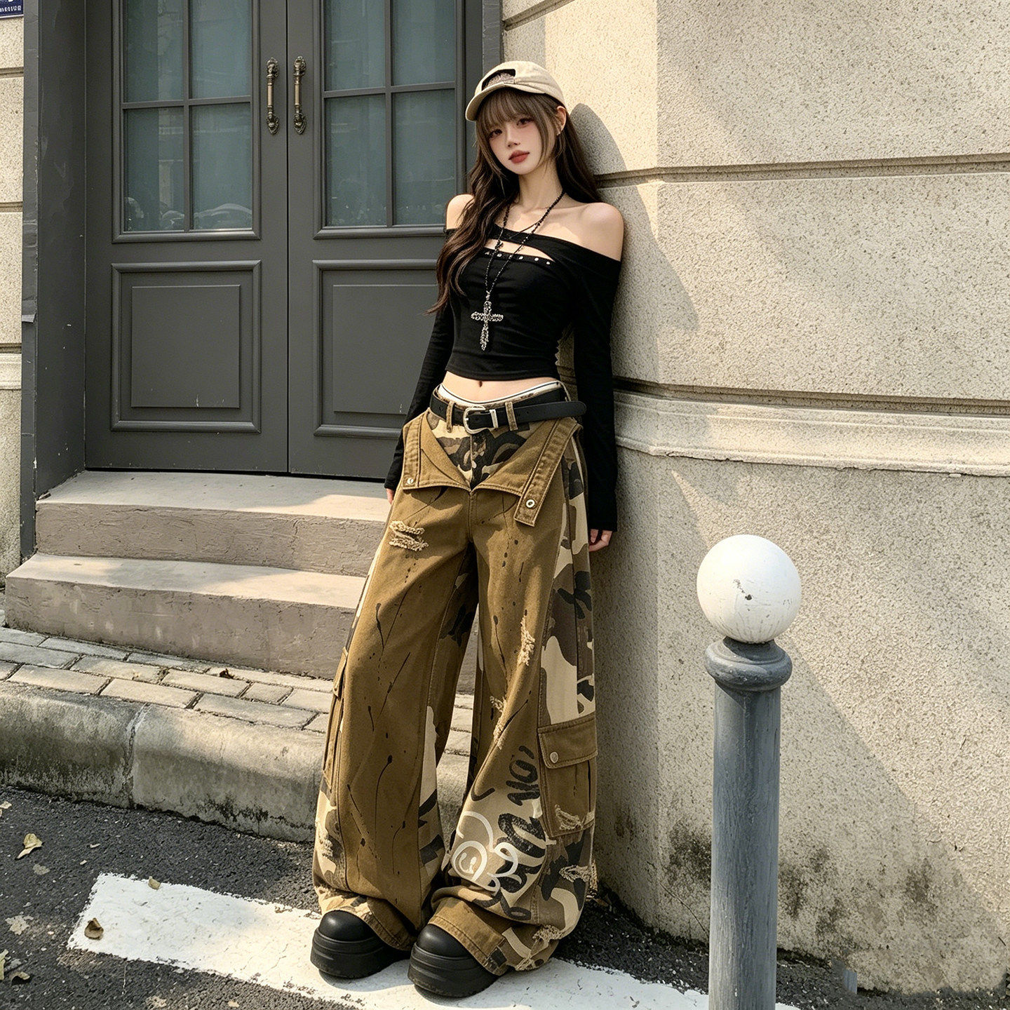 大码美式迷彩复古工装裤假两件牛仔裤女春季新款休闲舒适阔腿裤子