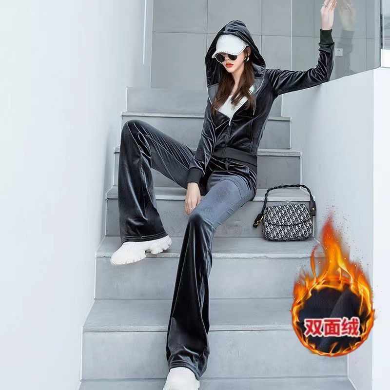 高档加绒加厚金丝绒运动套装女秋冬季新款时尚休闲服卫衣两件套