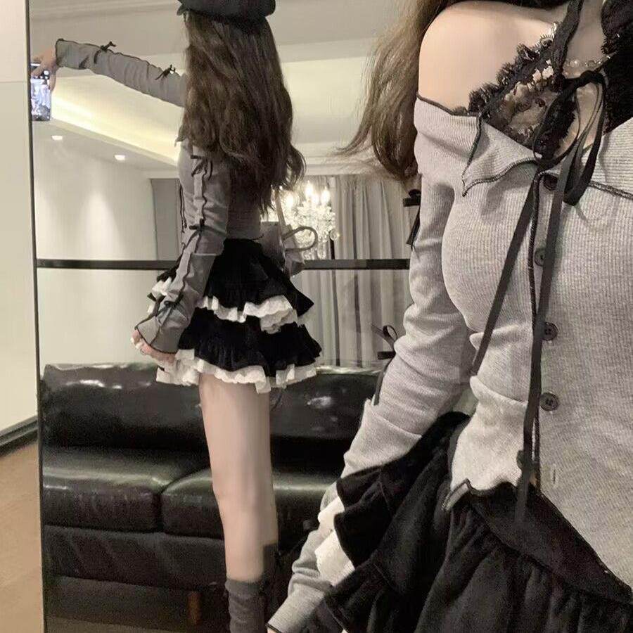 大码纯欲甜辣妹蕾丝蓬蓬蛋糕裙女春夏新款小众设计感撞色半身裙裤