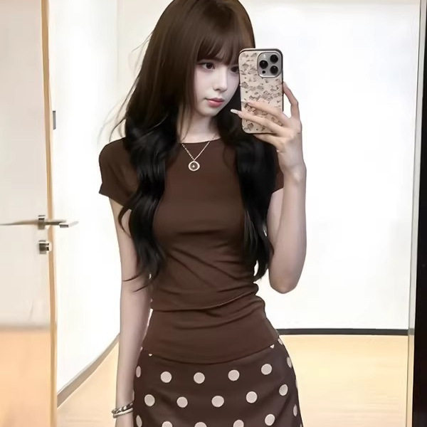 韩系甜辣chic穿搭一整套女夏季短款上衣波点包臀短裙半身裙两件套