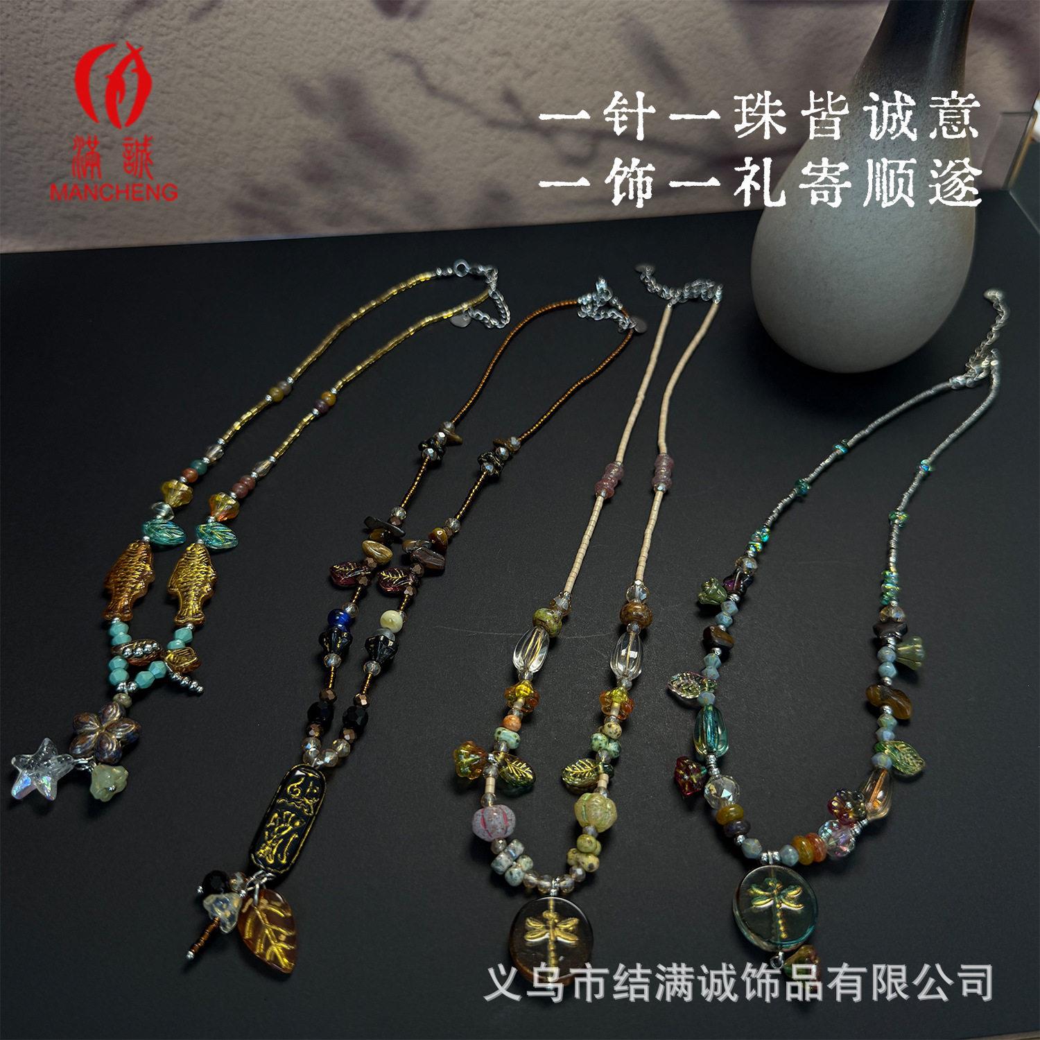 捷克琉璃森系小清新夏日花朵植物系百搭锁骨链碎石手工吊坠项链子