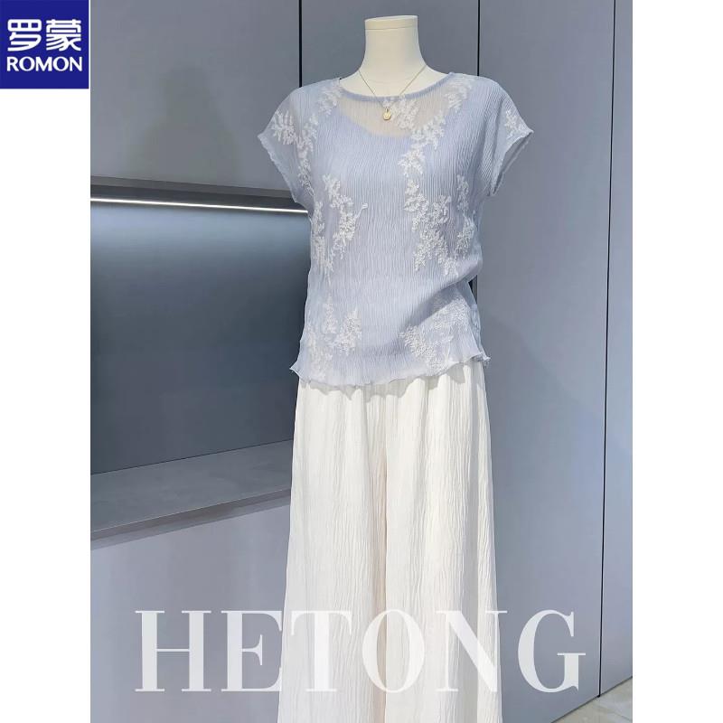 罗蒙妈妈夏装短袖两件式套装新款40岁50中老年女装上衣服阔腿裙裤