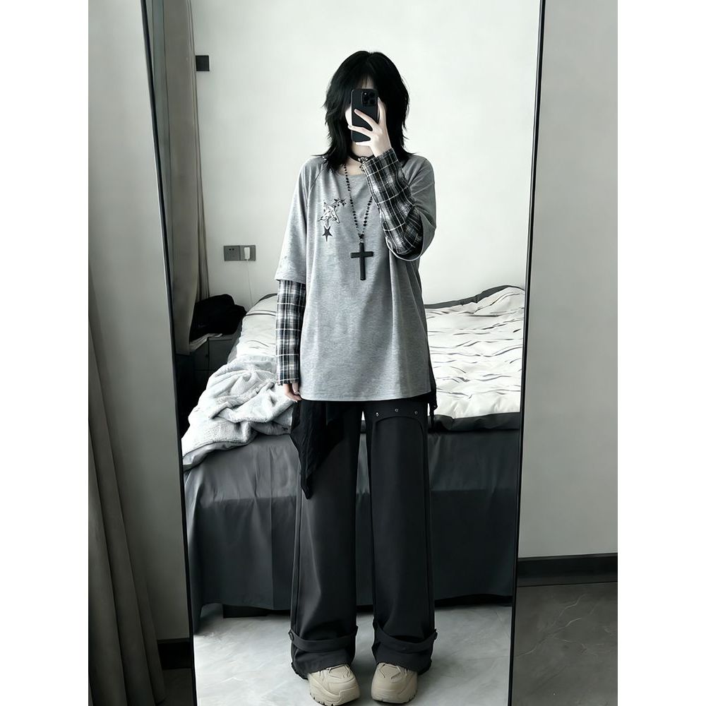 【椿野日记】中性氛围感淡系无性别穿搭格子拼接上衣+腰封+阔裤女
