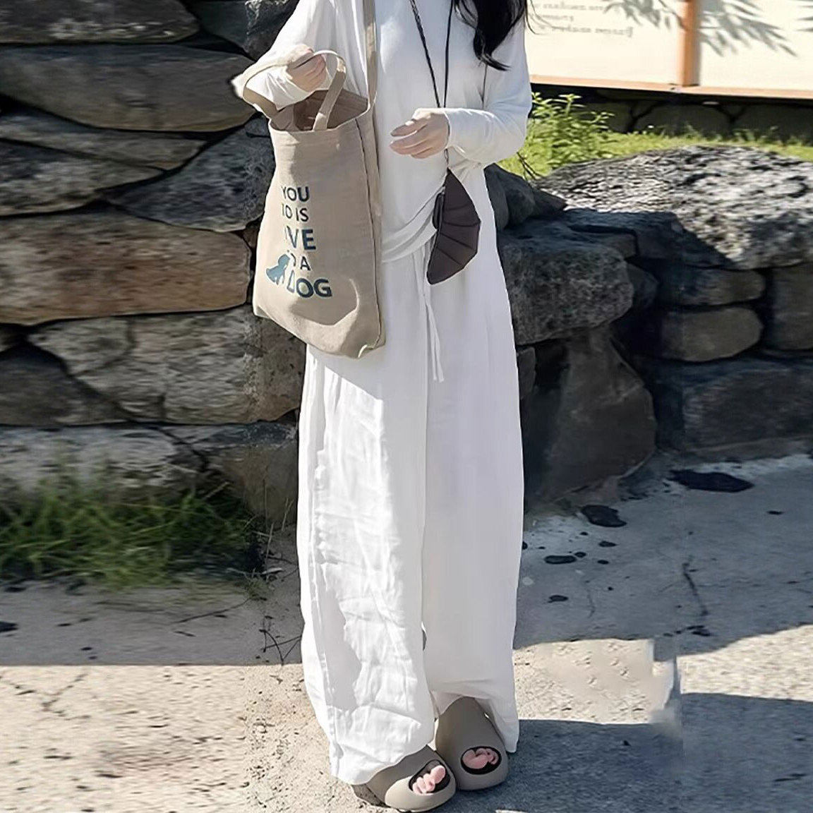白色亚麻弯刀裤女夏季薄款宽松垂感老钱风冰丝防晒棉麻阔腿休闲裤