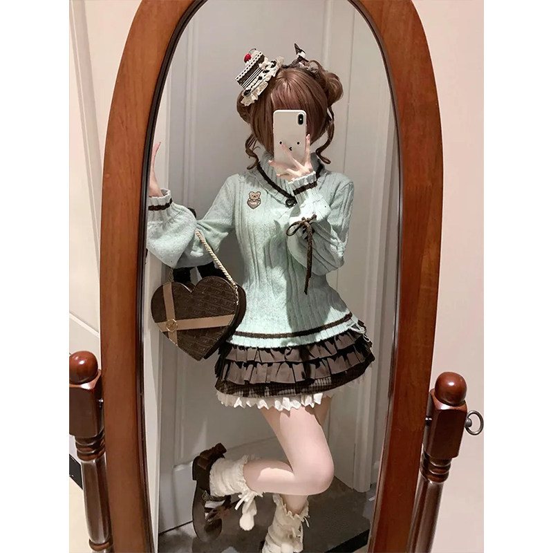 蝴蝶结针织毛衣蛋糕短裙两件套