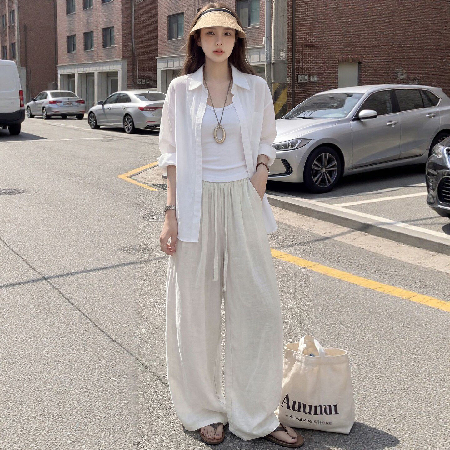 白色亚麻裤子女款夏2026新款舒适松弛感宽松慵懒休闲老钱风阔腿裤
