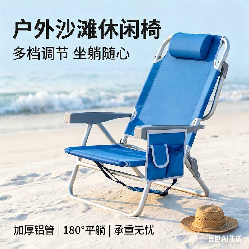 户外露营专用折叠便携式沙滩椅子多档位躺椅坐躺两用带冰包