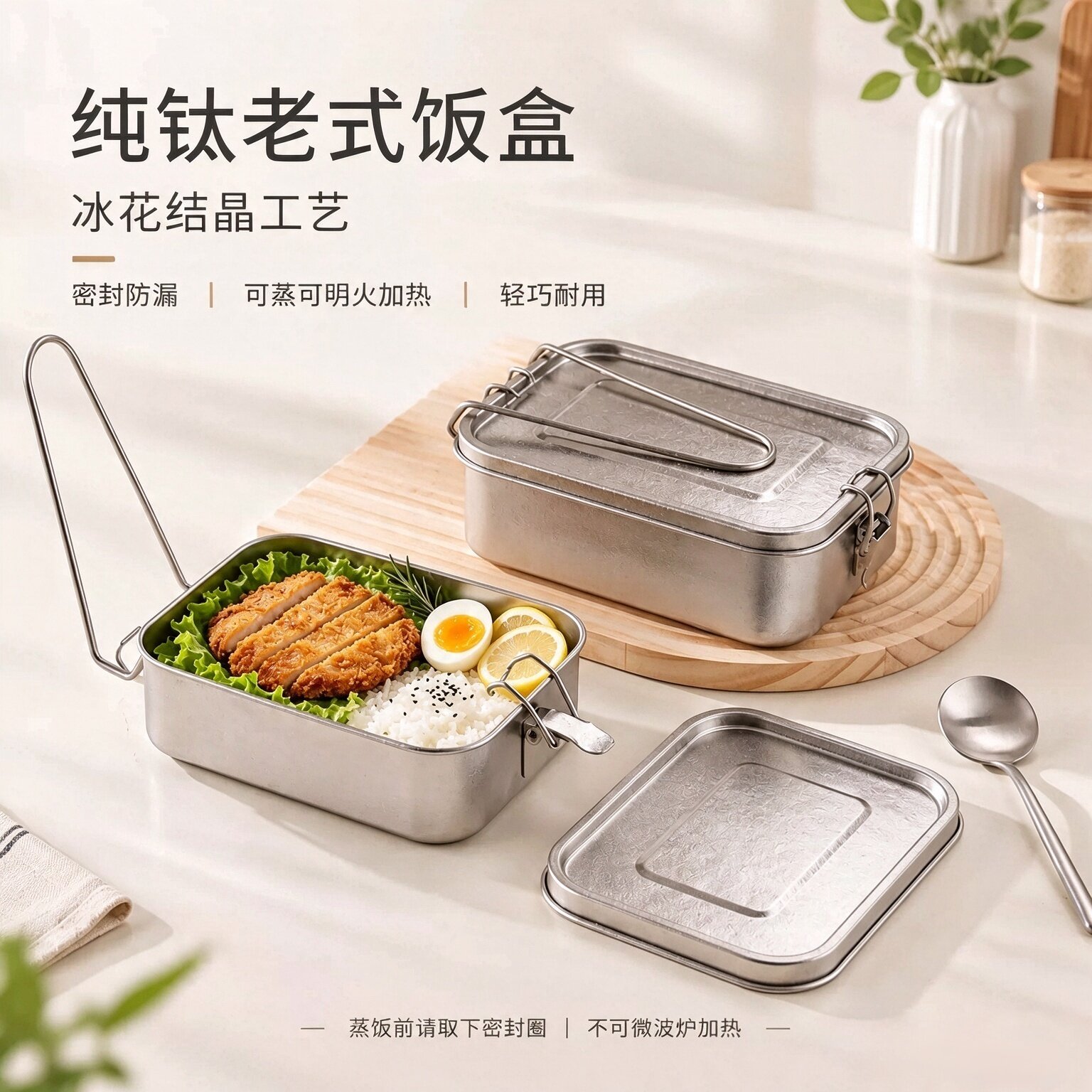 纯钛饭盒带手柄老式便当盒上班族便携保温饭盒户外露营纯钛餐盒