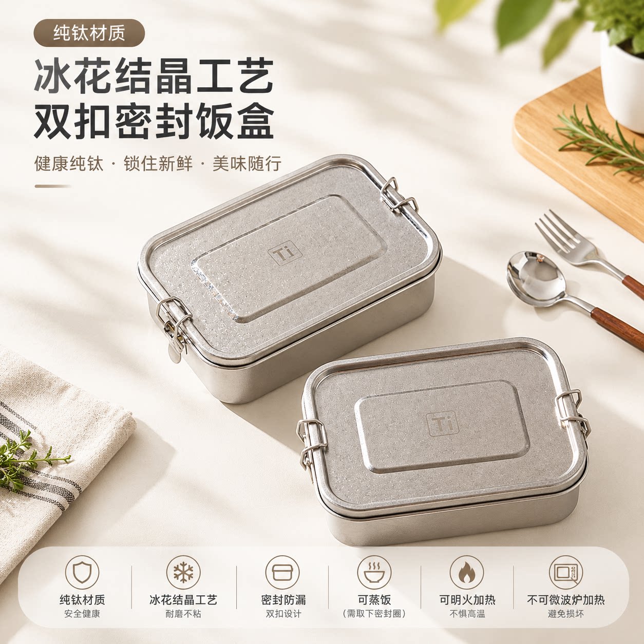 纯钛饭盒双卡扣便当盒结晶餐盒上班族便携保温饭盒户外露营野餐盒
