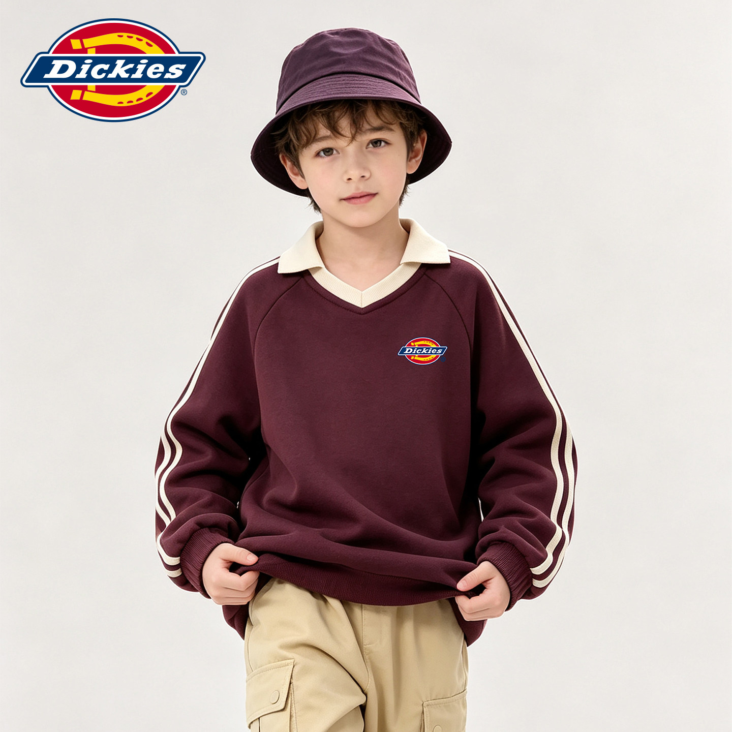 Dickies男童美式撞色条纹卫衣2026秋冬款复古运动风潮牌宽松上衣