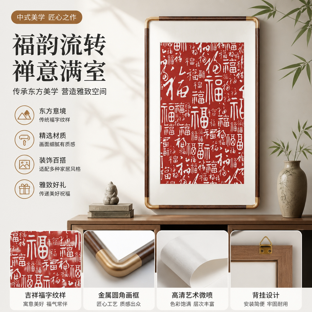 新中式百福图挂画客厅茶室玄关挂画檀木边框手工朱砂拓印装饰画图片
