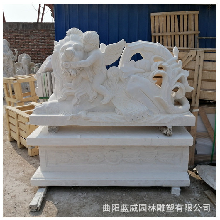 定制欧式石雕 汉白玉广西白狮子天使雕像 公园花园大理石雕像摆件图片
