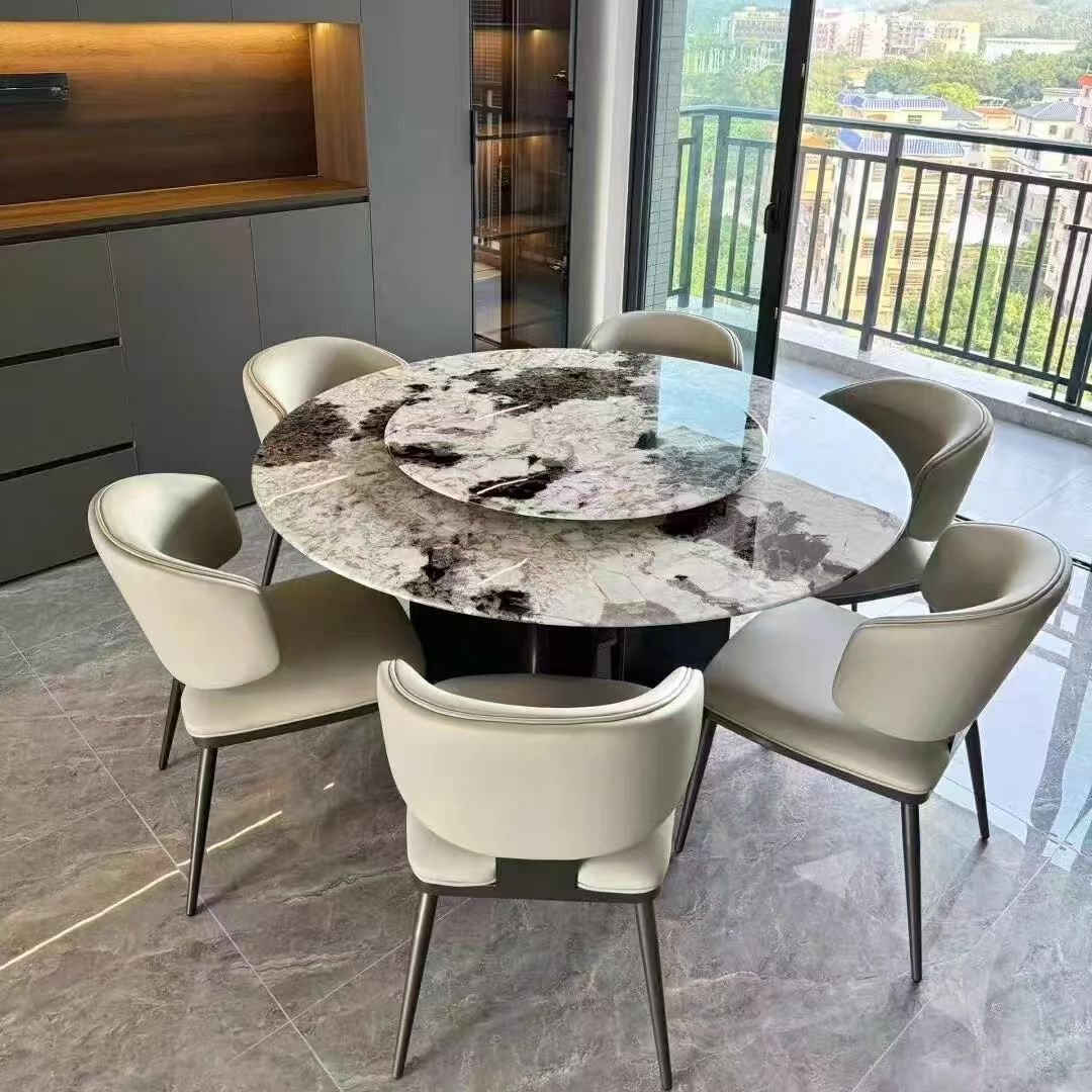 意式轻奢高级感圆形餐桌现代简约金孔雀天然大理石家用圆桌椅组合图片