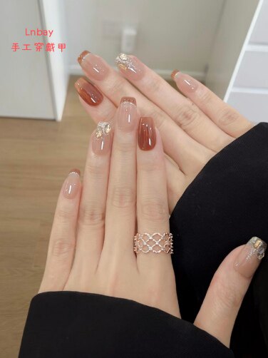 【秋柿碎闪】焦糖棕渐变 金箔碎闪中短方甲 美拉德秋冬手工穿戴甲