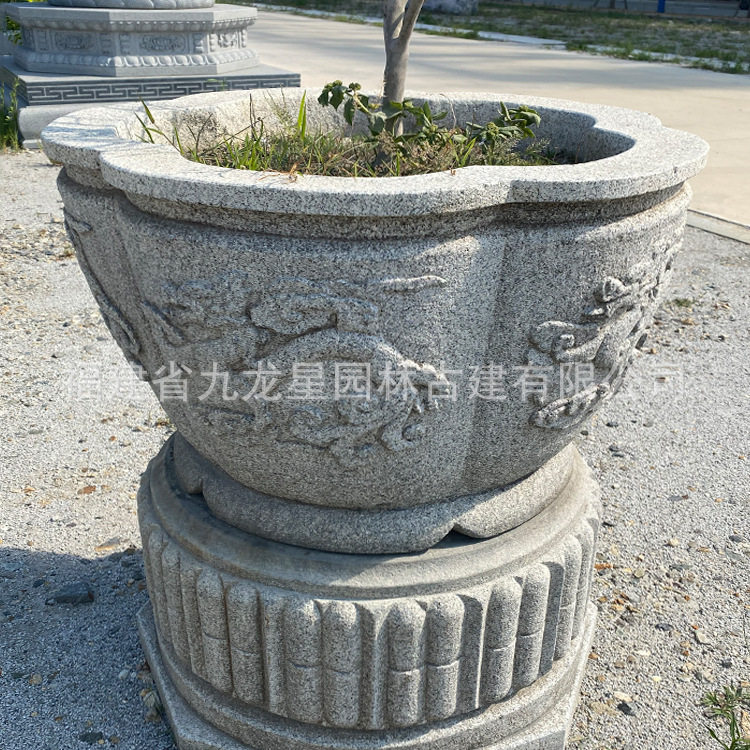 厂家石雕鱼缸花盆庭院阳台摆件荷花青石仿古鱼缸酒店办公室石鱼缸图片