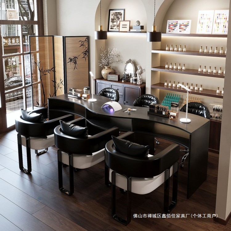 2025蛇年S型美甲桌椅套装中古风美甲店桌子异形双三人实木图片