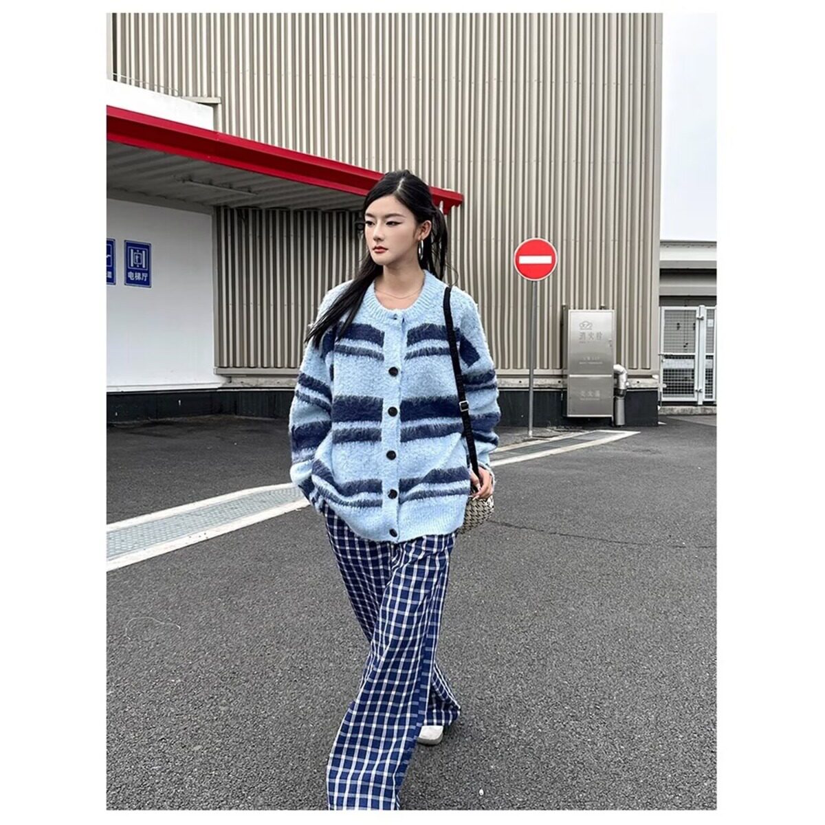 日系慵懒风复古条纹毛衣开衫女春秋冬新款大码胖妹妹软糯针织外套