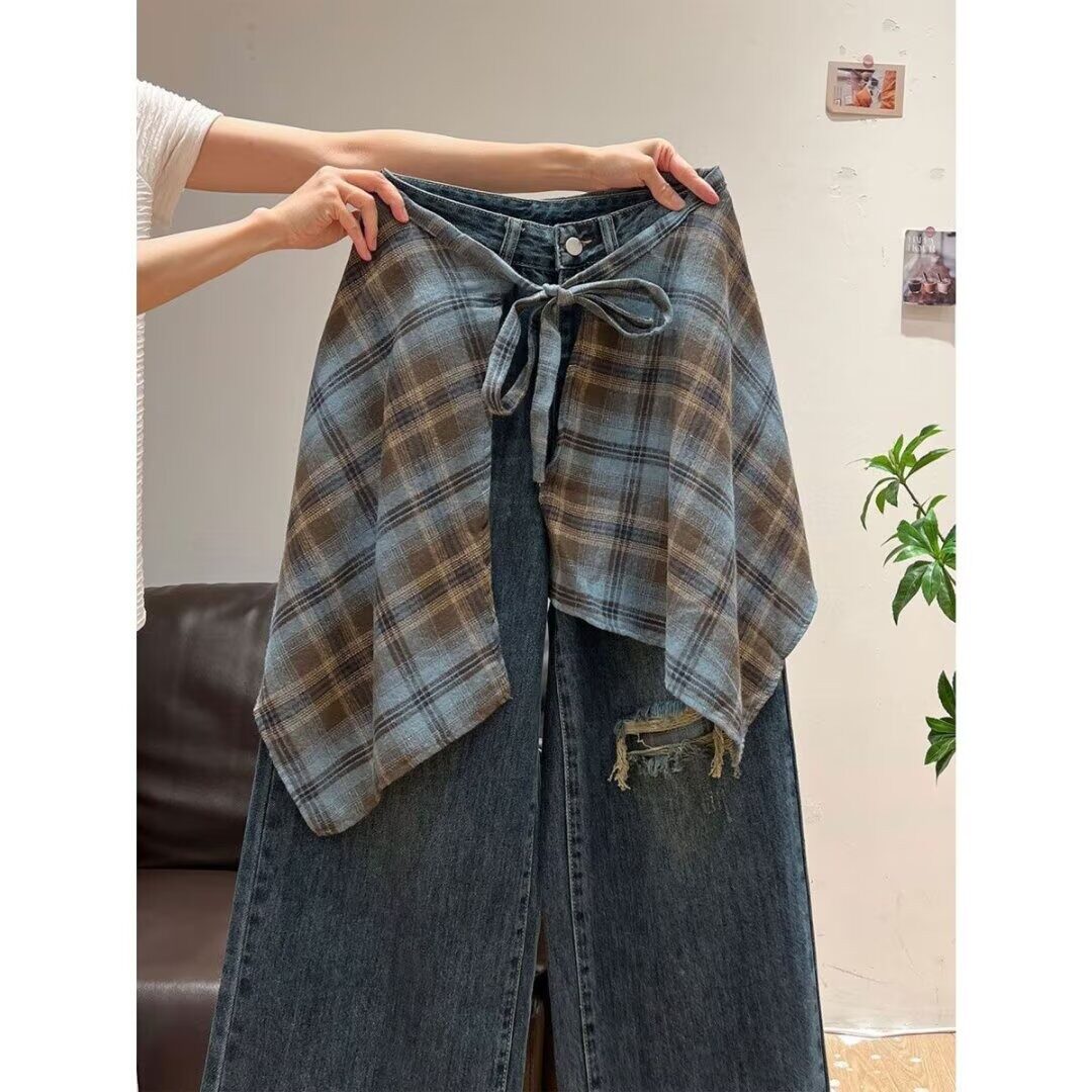 叠穿神器半身裙蓝棕格子下摆屁帘女一片式系带藏肉神器叠穿男女款