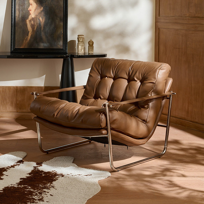 北欧复古单人沙发椅简约小户型家用客厅阳台懒人椅真皮红色休闲椅