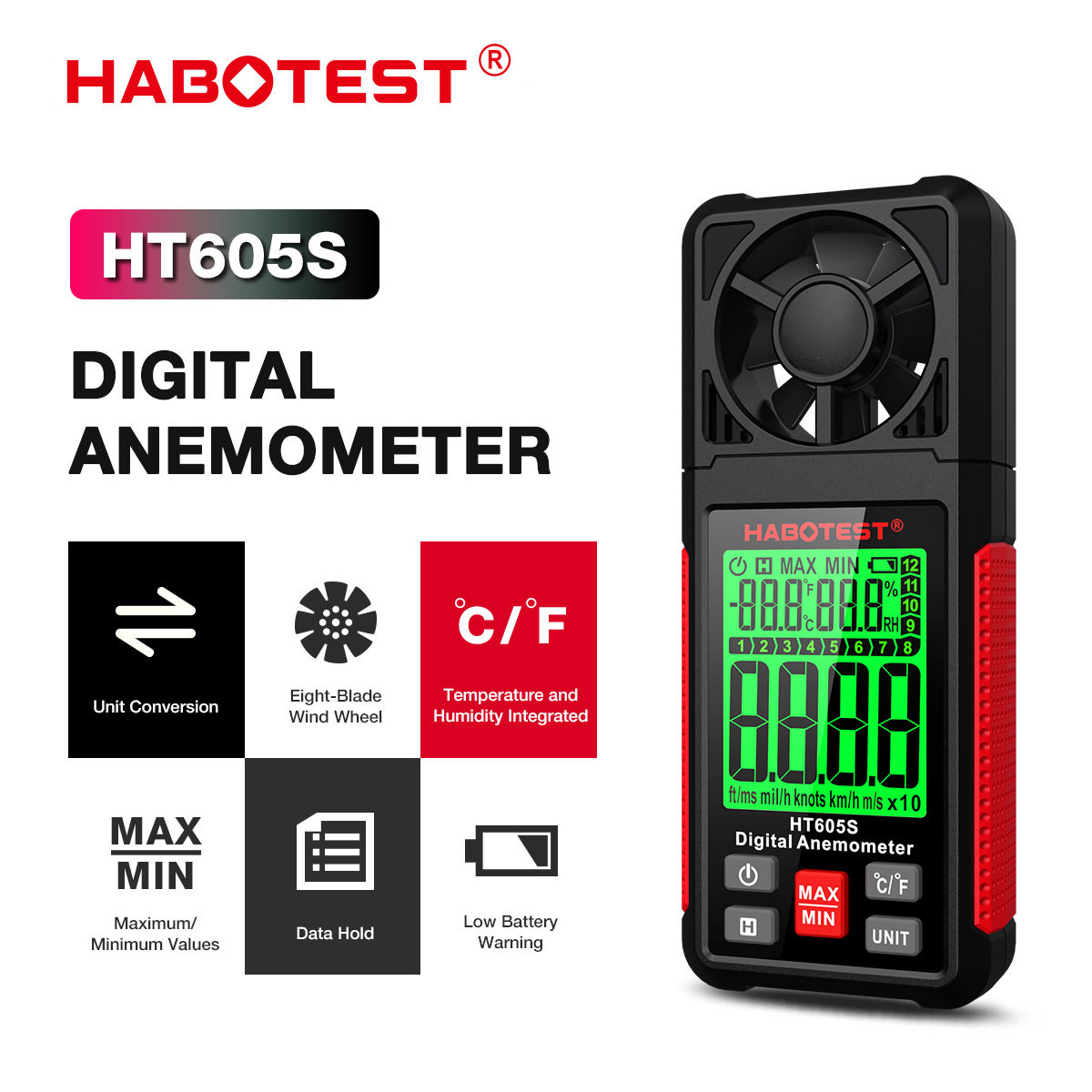 HABOTEST HT605 605S手持便携式测风力风速仪热敏式风量计英文版