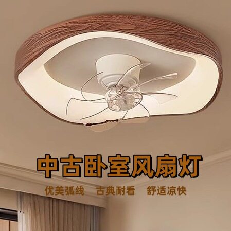 卧室风扇灯中古风复古胡桃色旋转摇头静音电扇主卧房间一体吸顶灯图片