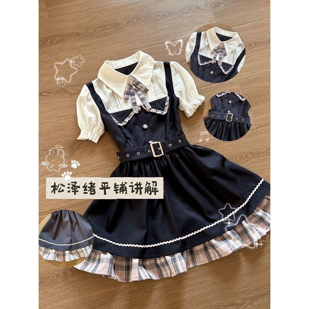 紫荆暗语 日系甜美少女感学院风穿搭设计感蝴蝶结格纹拼接连衣裙