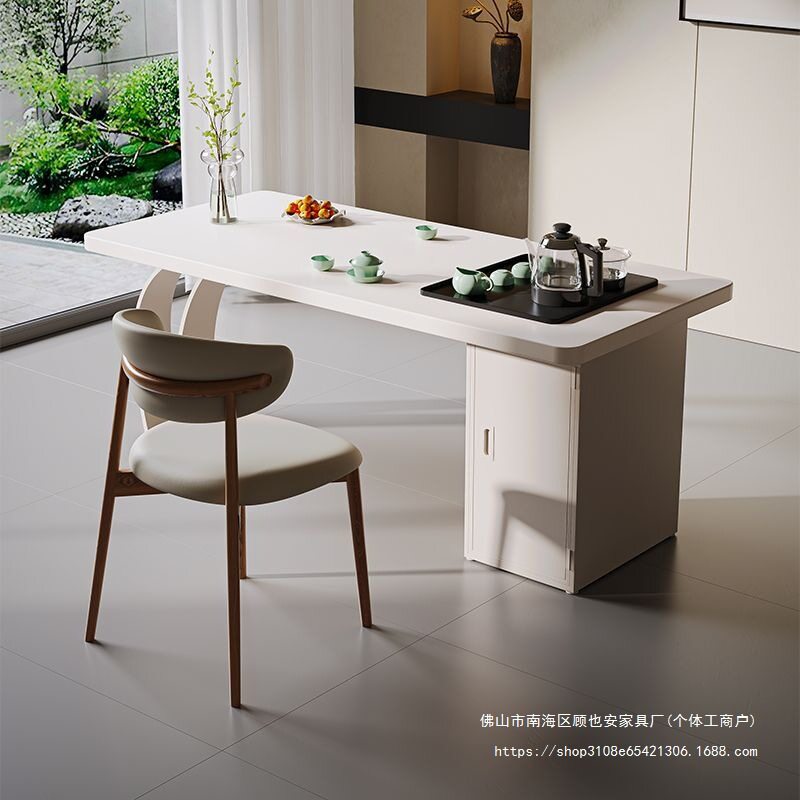 轻奢现代高级感实木阳台精致小茶桌家用办公桌一体两用白色茶台图片