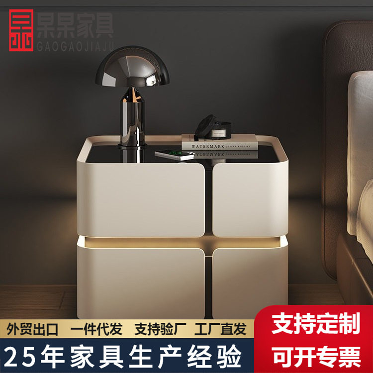 创意时尚实木智能床头柜玻璃简约现代意式新款轻奢高级感储物柜子