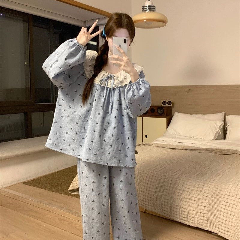 睡衣女春秋季韩版甜美蕾丝蝴蝶结舒适棉长袖长裤家居服套装学生