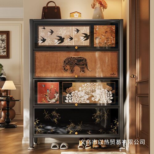 2025新型钢制鞋柜中古风家用门口收纳储物一体二合一入户靠墙玄关