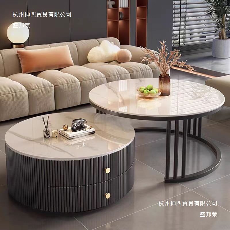 岩板茶几现代简约实木圆形小户型茶几客厅轻奢家用极简折叠大理石