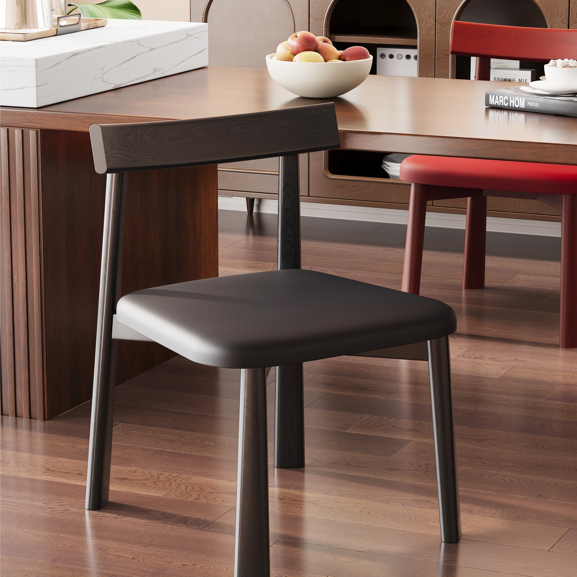 实木餐椅家用餐厅软包凳子小户型靠背椅子2025新款中古极简牛角J*图片
