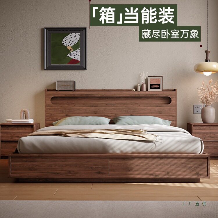 全实木高箱床小户型主卧室储物床双人床现代简约中古风橡木箱体床图片