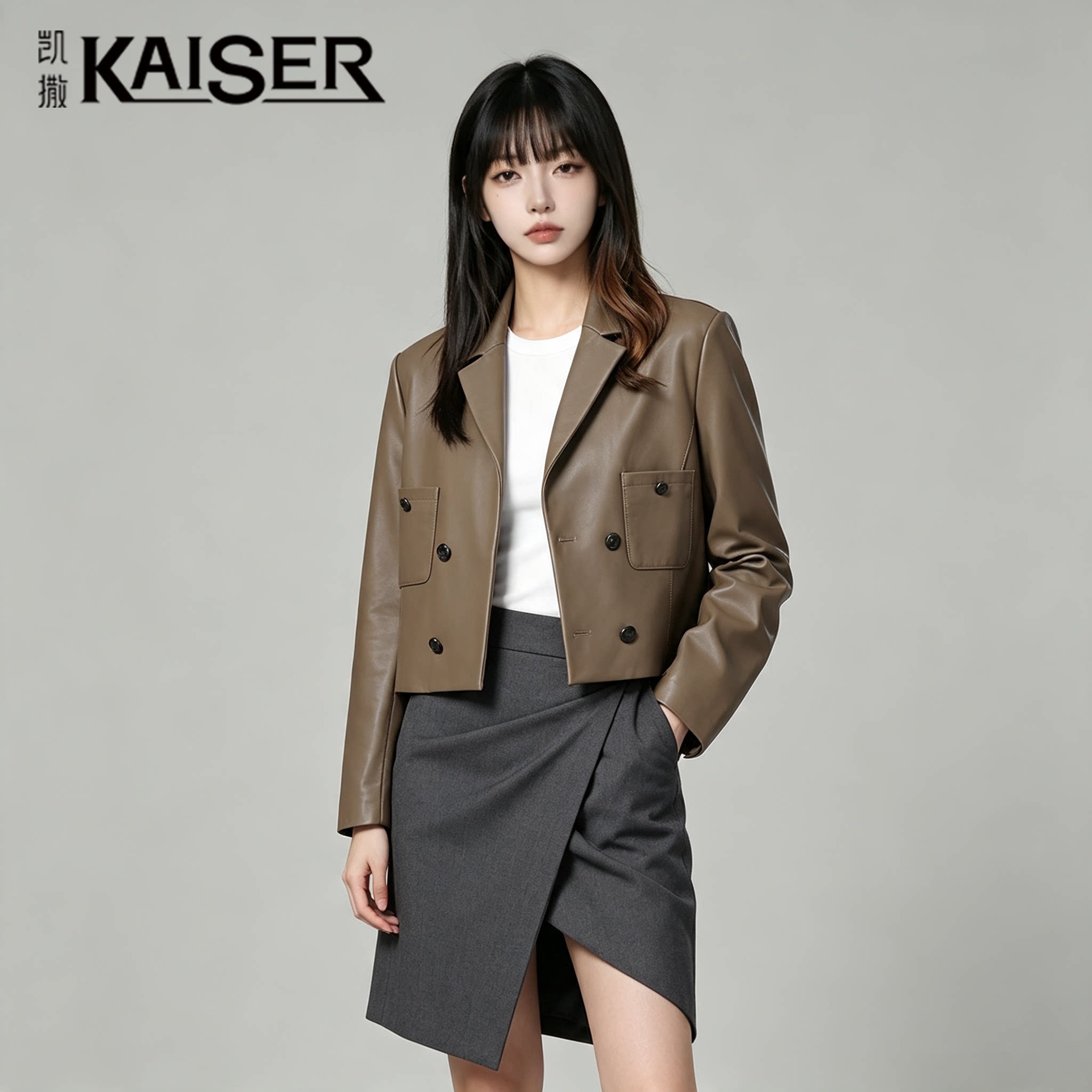 凯撒海宁双排扣真皮短款小西服