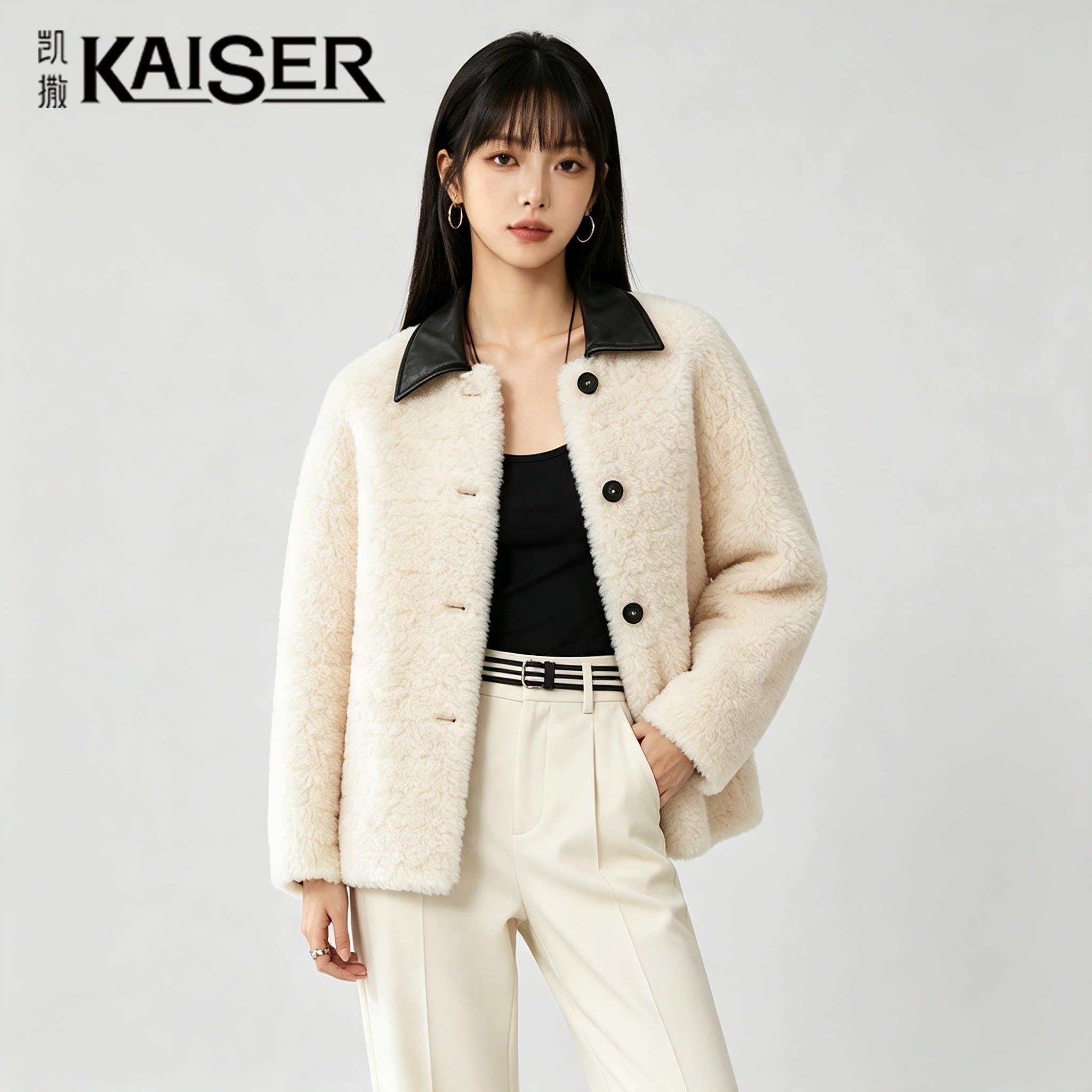 凯撒100%羊毛颗粒真皮翻领女夹克