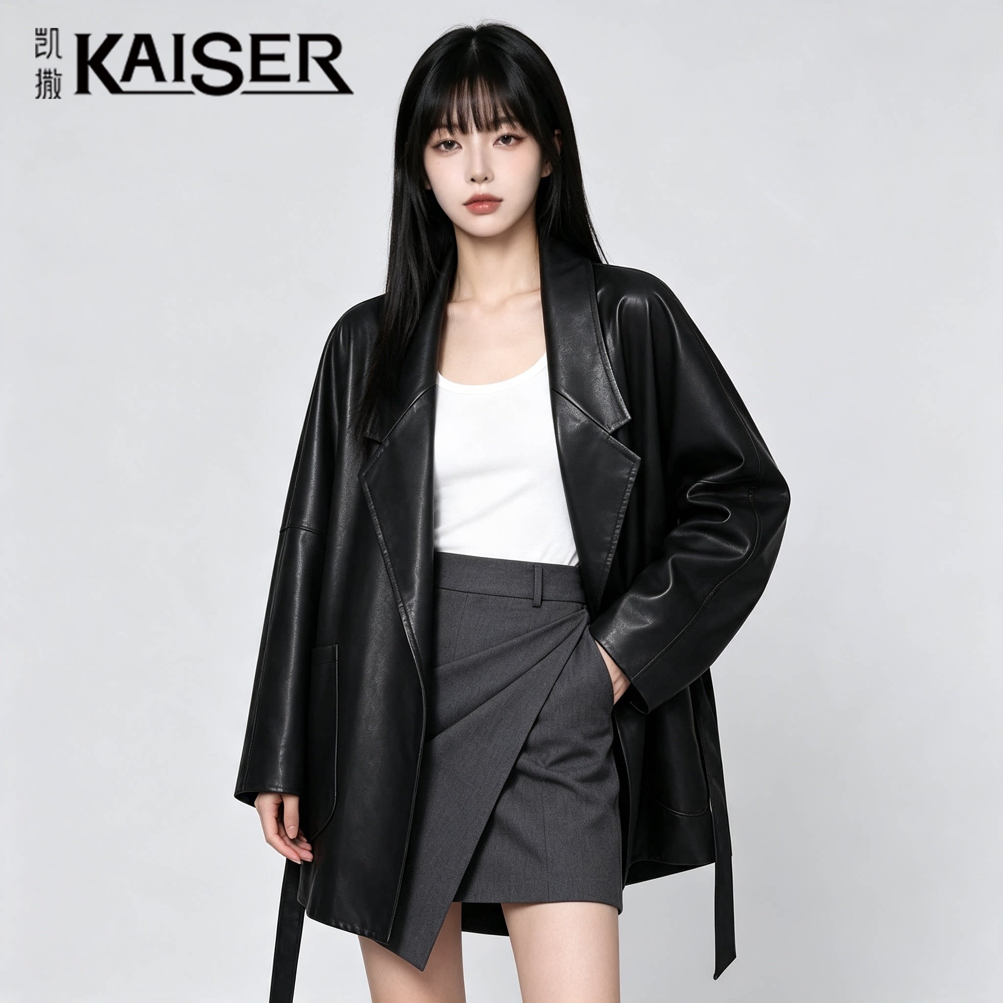 凯撒真皮中长款宽松翻领女皮衣
