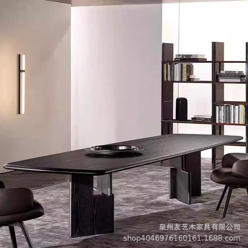 意式极简实木黑色大板桌去客厅化横厅沙发后长桌简约会议洽谈桌子图片